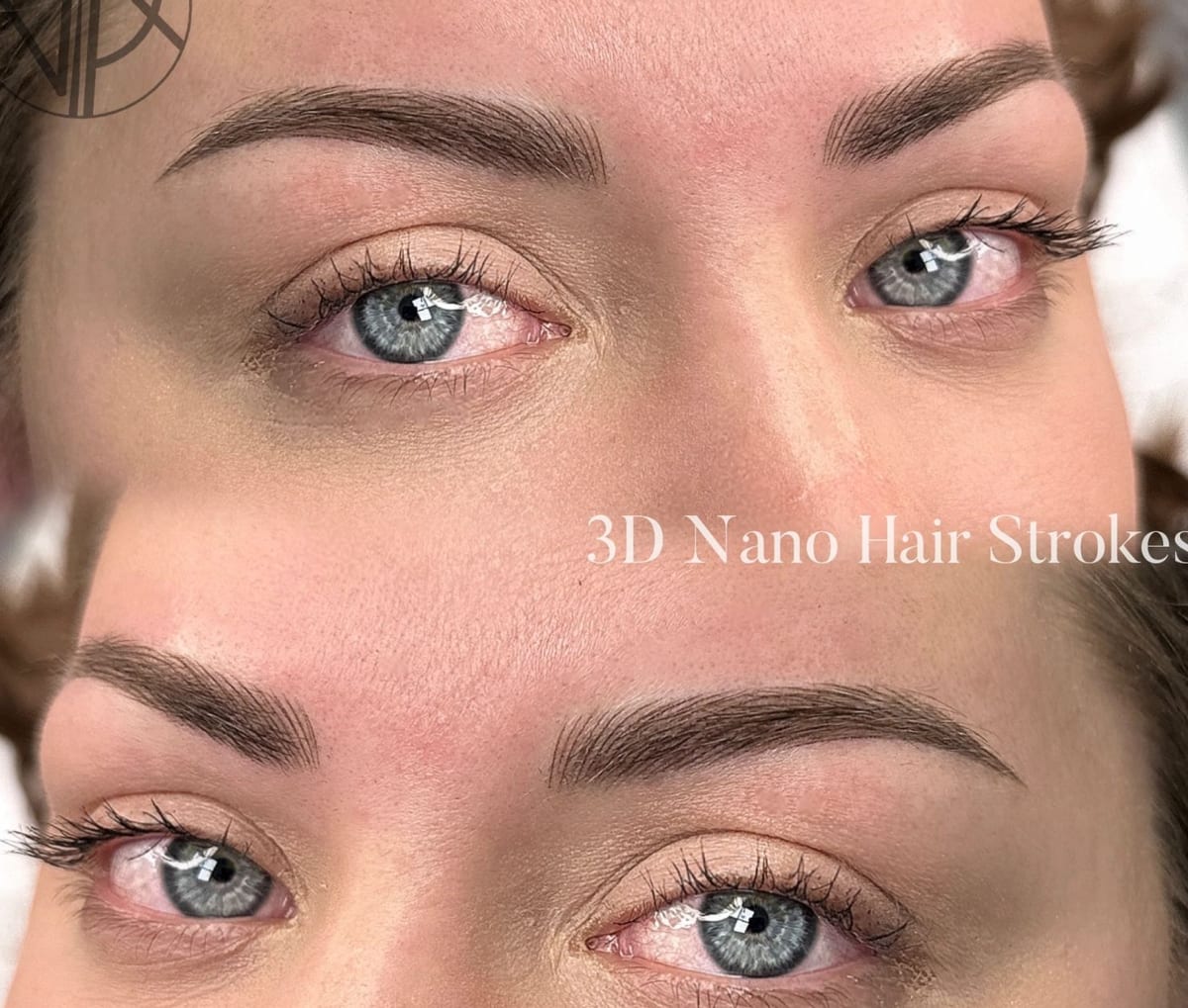 Två närbilder på nano brows och blå ögon