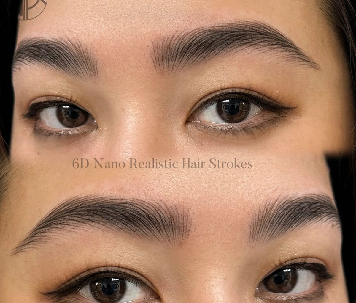 Två närbilder på nano brows hos kund med mörka ögon — naturligt resultat