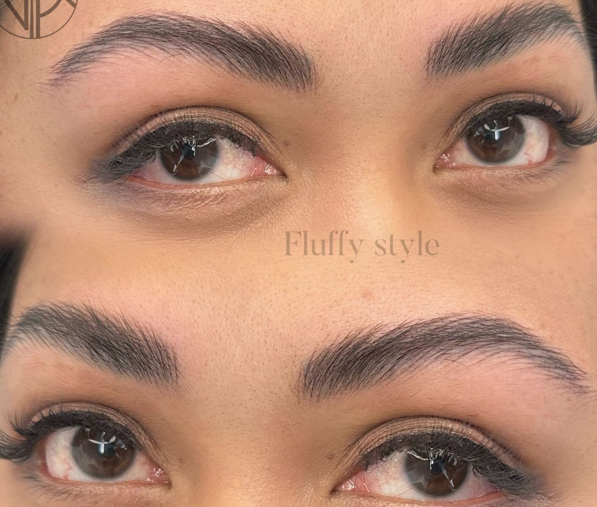 Nano brows i fluffig, luftig stil — två närbilder av mjuka hårstrån kring bruna ögon
