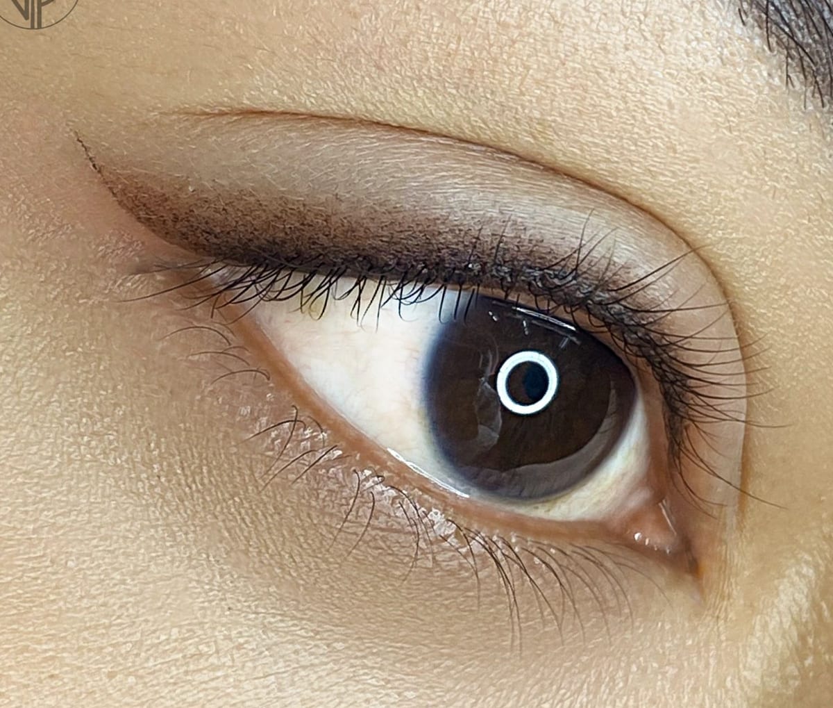 Soft eyeliner på brunt öga i närbild — mjukt skuggad linje längs fransraden